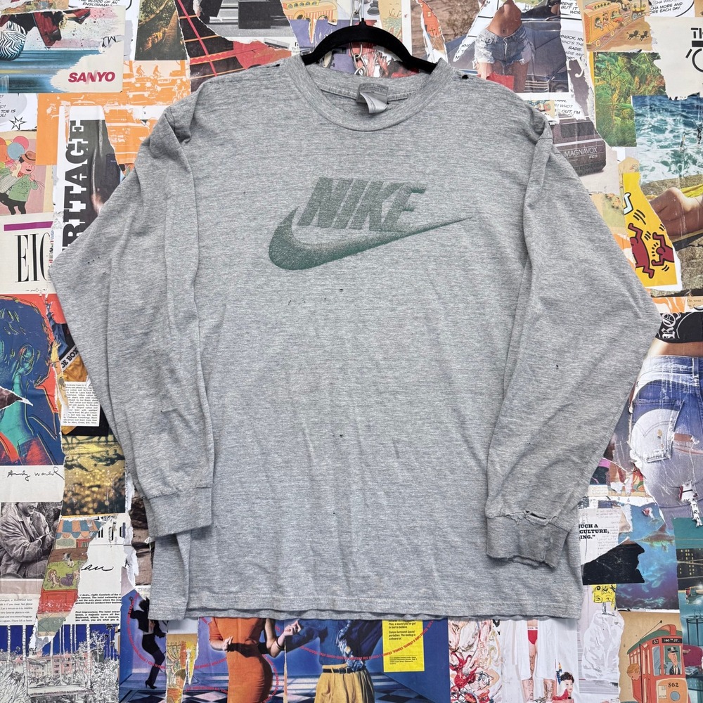 Thrashed Vintage Nike Long Sleeve T Shirt Gray Logo Graphic Size‎ L